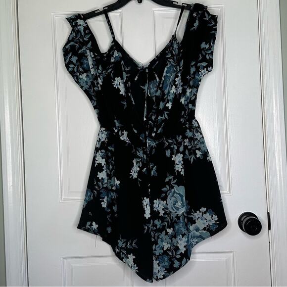 Black Blue Floral Aqua Cold Shoulder Wrap Spaghetti Strap Tie Romper C27 - Picture 10 of 11